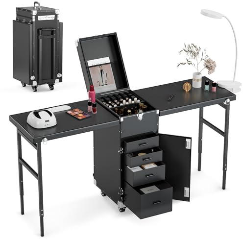 Icoget Escritorio portátil para uñas, mesa de manicura plegable con rueda, estuche de tren de maquillaje para enseñanza de uñas, 2 maletines de escritorio para cosméticos, color negro