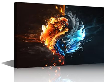 TISHIRON Ölgemälde mit Feuer und Eis, Wandkunst, Leinwanddrucke, buntes Bild für Wohnzimmer, Schlafzimmer, Dekoration, ein Phoenix-Yin-Yang-Poster, Kunstwerk, Badezimmer, Küche, Heimdekoration,