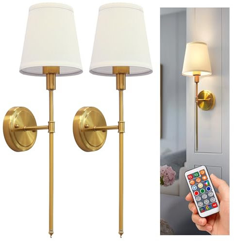 LOHAS-LED Battery Operated Wall Sconces Set of 2, Rechargeable Wall Lights Remote and Dimmable, Sconce Wall Decor Set of 2, Easy Installation, Wireless Wall Lights for Living Room Bedroom, Gold