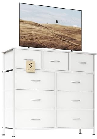 Flrrtenv Chest of Drawer with 9 Drawers, Modern Bedroom Cabinte, 9 Fabric Drawers with Wooden Top, Sturdy Metal Frame, Tall White Hallway Storage Unit