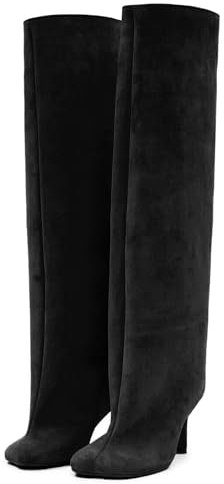 HiGropcore Stivali alti al ginocchio da donna in camoscio nudo largo polpaccio a spillo stivaletti lunghi punta quadrata pull on tacco alto stivali da equitazione per donna Fahion Dress stivali alti,