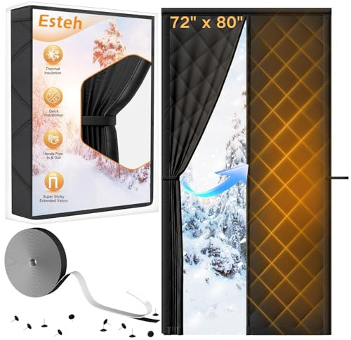 Rideau de porte magnétique à isolation thermique pour l'hiver – Convient aux portes de 182,9 x 203,2 cm – Housse de porte thermique temporaire pour le froid avec coton épais, kit d'isolation de