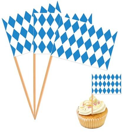 100 Stück Bayern Oktoberfest Zahnstocher Flaggen,Bayerische Deko Oktoberfest,Bayerisch Cupcake Toppers Stick Flagge Fahne,Kuchen Cocktail Obst Bayerisches Dekoration Holz für Party/Buffet/Toothpick