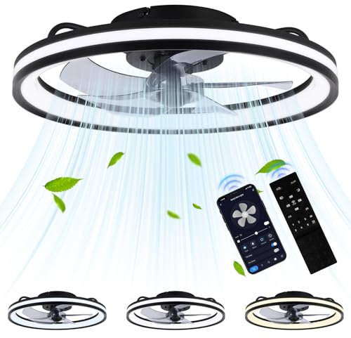 Fiqops Ventilatore da soffitto con illuminazione e telecomando, diametro 50 cm, lampada da soffitto a LED, 3 temperature di colore e 6 velocità, timer estivo per soggiorno, camera da letto, nero