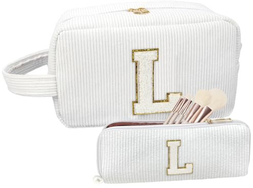 Trousse Maquillage Femme, 2 Pièces Trousse De Toilette Voyage, Pochette Maquillage, Grande Et Petite Makeup Bag, Pochette Tissu Zippée Fille Ado (Lettre : L, Blanc)