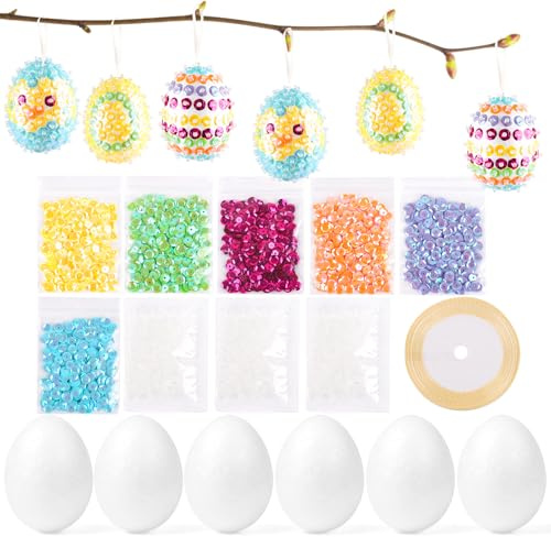 JOFONY 6 Ostereier aus Styropor Aufhängen,DIY Pailletten-Eier mit Bunte Pailetten Stecknadeln Satinband,Ostereier zum Aufhängen,Ostern Basteln Set für Ostern Geschenk Osterdekoration