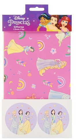 UK Greetings | Disney Princess Multipack of Wrappng Paper & Tags | Gift Wrapping Set | Pink & Purple Design | Pack of 2 | 49 x 69 cm