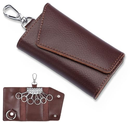 KSJEHW Porte-Clé Cuir,Etuis Porte-Clés de Voiture,Housse de Protection clé de Voiture,Résistant à l'eau Portable Pochette Porte Cles,Porte-clés avec Crochet en métal(Brun foncé)