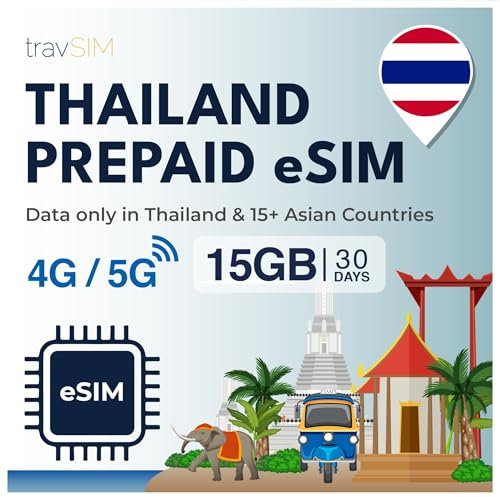 travSIM Thailand eSIM | 15GB Mobile Daten | Funktioniert auf iOS- und Android-Geräten | Der Plan auf Dieser eSIM für Thailand ist 30 Tage lang gültig