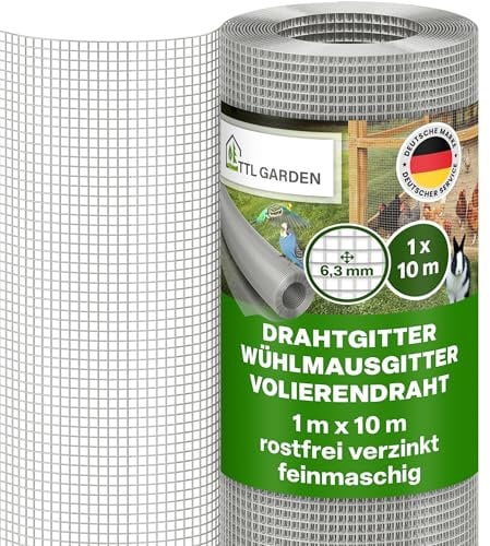 TTL GARDEN 1 m x 10 m rete metallica zincata a maglia fine antiruggine 6,3 mm, maglia 0,55 mm, spessore filo – su rotolo di rete metallica per voliera, rete per topi ad arvicole, 10 m x 1 m di