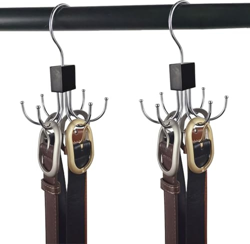 2 Piezas Percha Cinturón,360 Grados Perchero para Cinturones,14 x 8.5 x 2cm | Aceros Inoxidables Organizador Corbatero,Colgador de Cinturones 6 Ganchos,para Corbatas,Calcetines,Ropa Interior,Monederos