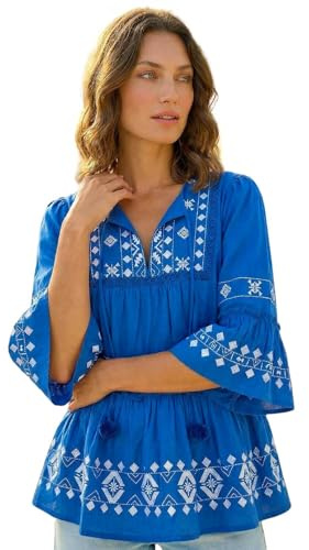 Roman Petite Contrast Print Pom Pom Top for Women UK - Ladies Everyday Holiday Spring Summer V-Neckline Comfy Soft Evening Vacation Work Party - Petite Blue - Size 18