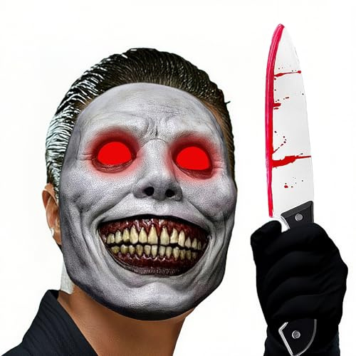 JOYTIX®LED Dämonenmaske mit Roten Leuchtaugen aus Naturlatex für Halloween & Kostümpartys | Lächelnde Horror Maske inkl. Schwarze Handschuhe & Blutiges Messer