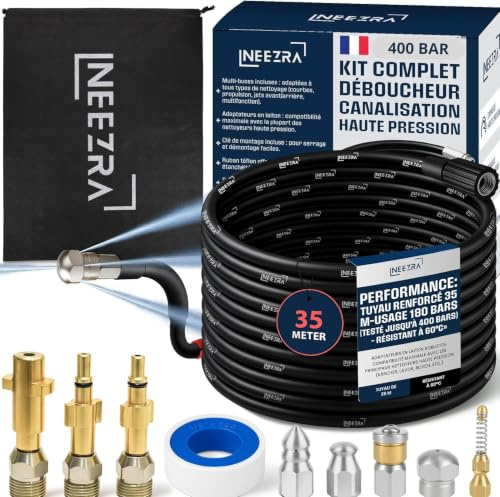 10-in-1 Rohrreinigungsschlauch Hochdruck 35 m – Extra Lang Verstärkt – 5 Düsen + 3 Messing Adapter – Kompatibel mit Kärcher Rohrreiniger