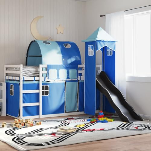 Yunovire Etagenbett aus massivem Kiefernholz, 90x190 cm, mit Rutsche, Absturzsicherung, blauen Vorhängen, Turm & Tunnel, ideal für Kinderzimmer, Robustes Bettgestell, modernes Design