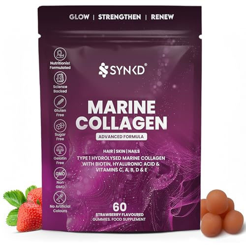SYNKD 11-in-1 Marine Collagen Gummies for Women - High Strength Hydrolysed Collagen Peptides with Vitamin C, Biotin, Hyaluronic Acid - Skin Hair Nails Support - Sugar Free - Strawberry - 60 Gummies