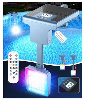 DeeprBlu 2 en 1 Lumiere Piscine Solaire pour Piscines Hors Sol avec Cadre Métallique, Thermomètre Piscines Digital avec Écran Rétroéclairé, Haute Luminosité LED Piscine Submersible avec Télécommande