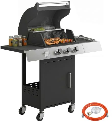 Outsunny Barbacoa de Gas con 3 Quemadores 8,1 kW con Termómetro Negro | Barbacoa Portátil, Mesas Laterales, Rejilla Calentadora, Parrillas de Hierro Fundido, Recogedor Grasa, 4 Ruedas