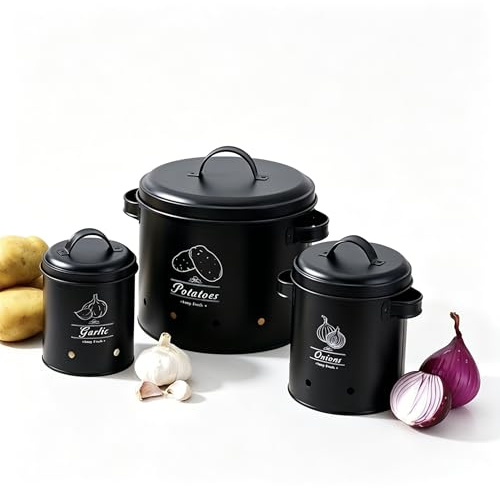 Gemüse Vorratsdosen mit Deckel [schwarzes 3-teiliges Set] ，Kartoffel Aufbewahrungsbox，Knoblauch Metalldose，Blechdose zur Aufbewahrung von Zwiebeln，Küchenhelfer Aufbewahrung，Lebensmittel Storage