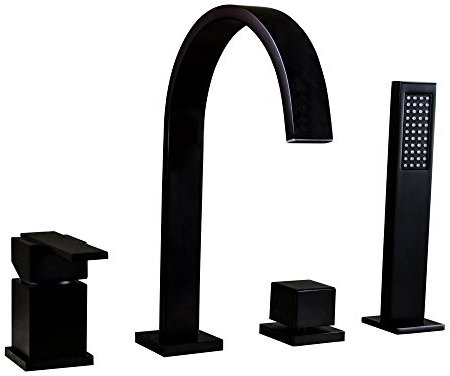 Kunmai Cascade 4 trous romain Baignoire robinet avec douche à main en solide Noir, Deck Robinet pour baignoire monté robinet avec double poignées