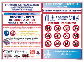 Panneau - Réglementation pour Piscine - Plastique rigide PVC 1,5 mm - Dimensions 420 x 300 mm - Protection Anti-UV