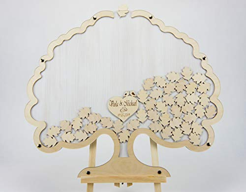 Laserano Edles Hochzeitsgästebuch, Eiche Vintage, Personalisierbar mit Wunschgravur, Baumform, 100 Holz Blätter, 60x50cm