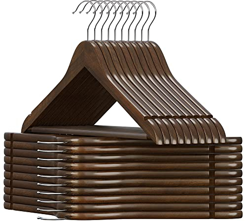 SONGMICS Percha de Madera Maciza, Juego de 20, con Ranuras para Hombros, Barra Antideslizante para Pantalones, Gancho Giratorio de 360°, para Trajes, Camisas, Abrigos, Nogal Oscuro y Plata CRW02V20