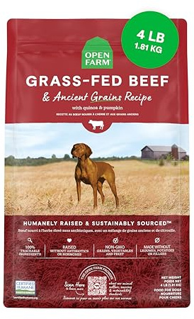 Open Farm, Ancient Grains Dry Dog Food, Protein-Rich & Nutrient Dense, 90% Animal Protein Mixed with Non-GMO Fruits, Veggies and Superfoods, Grass-Fed Beef Recipe, 4lb Bag