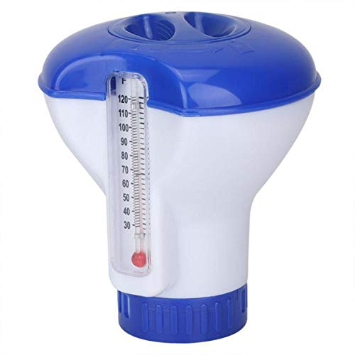 Dispensador Flotante de Cloro para Piscinas con Termómetro, Mini Dispensador Flotante de Productos Químicos para Piscinas Interiores y Exteriores, hasta 3 Soportes para Tabletas de Bromo