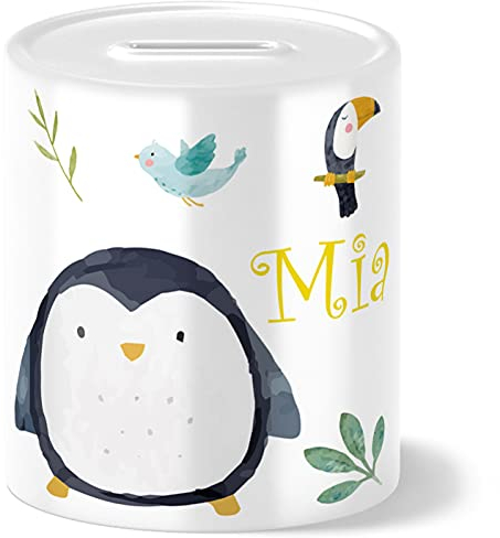 OWLBOOK® Safari Pinguin Spardose Kinder personalisiert | Geschenke zur Einschulung | Taufgeschenke | Geschenk Taufe Geburt Geburtstag Junge Mädchen | Sparschwein Sparbüchse Wiederverschließbar