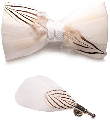 JEMYGINS Noeud Papillon Homme Bleu en Plume en Plume Fait Main et Broche Ensemble Compris boîte