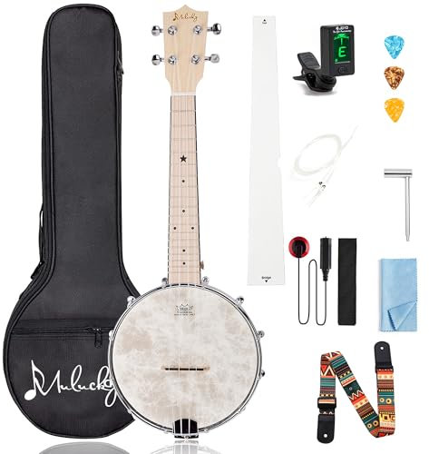 Mulucky 4 String Banjolele, Banjo Ukulele Konzertgröße 23 Zoll mit Remo Fell, geschlossener Massivholzboden, Beginner Kit mit Truss Rod Gig Bag Tuner String Strap Picks - MBU-801