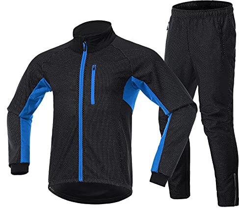 TDHLW Fahrradbekleidung Herren Winter Set Langarm Thermo Fleece Softshell Fahrradjacke Fahrradhose Wasserdicht Atmungsaktiv Regenjacke Winddicht Hoch Reflektierend Fahrrad Trikot,Blau,M