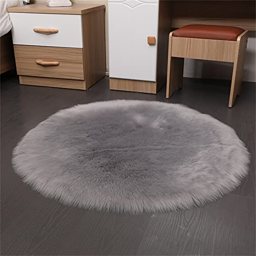 TROYSINC Plüsch Teppich Rund Fellimitat Fellteppich, Faux Lammfell Schaffell Lange Haare Fell Optik Gemütliches Bettvorleger Sofa Matte (Grau,Durchmesser 70 cm)