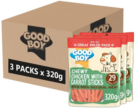 Good Boy Chicken with Carrot Sticks - Natural Dog Treats - Rawhide Free Recipe - Bulk Box - 3 x 320g