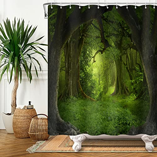 SDOTPMT 180x213cm Magie Wald Duschvorhang Märchen Fantasie Urwald Baum Grün Anlage Wiese Badevorhang Natürlich Landschaft Badewannenvorhang für Badezimmer Polyester mit Haken
