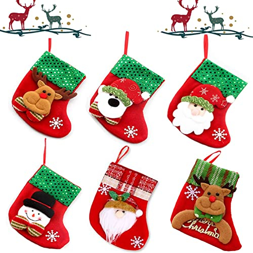 OUOQI 6 Stück Weihnachtsdeko Socken, Nikolausstiefel Socken, Weihnachtsstrumpf Geschenktüte, Weihnachtsstrümpfe, Weihnachtsbaum Socken, Nikolausstiefel, zum Aufhängen & Befüllen,Weihnachtsdeko