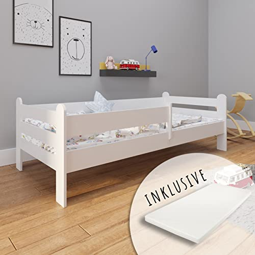 Kids Collective Kinderbett 90x200 mit Matratze, Rausfallschutz, & Lattenrost in weiß Mädchen Jungen Bett Jugendbett…