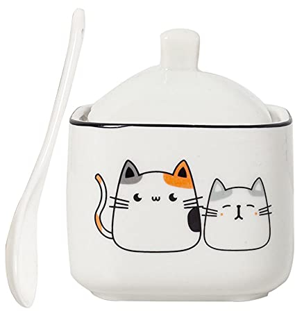 Yalych Tarro de Especias de cerámica con diseño de Gato de Dibujos Animados, azucarero, con Tapa y Cuchara Frascos de Especias (Color : Square-2)