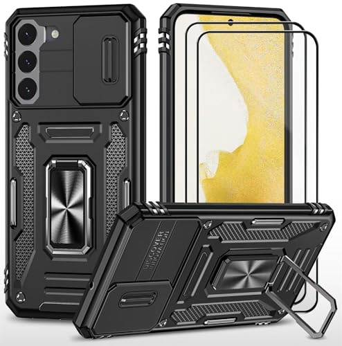 CLYDITE Cover per Samsung S22 Nero Custodia con Vetro Temperato [2 Pack] Fotocamera Slidable Antiurto Custodia Antiurto Grado Militare 360° Ring Supporto Silicone Custodie