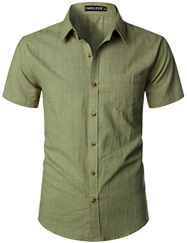 PARKLEES Men's Fitted Cotton Linen Casual Short Sleeve Button Up Shirts Lightweight Beach Tops with Pocket EU-PZLSC34-Avocado Green X-Large