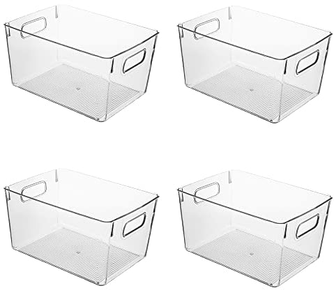 Amtido Clear Plastic Storage Bins for Fridge, Cupboard, Pantry, and Kitchen - Versatile Organisers for Food, Fruit, Vegetable, Cleaning Products, and Clothing Storage (4-Pack)