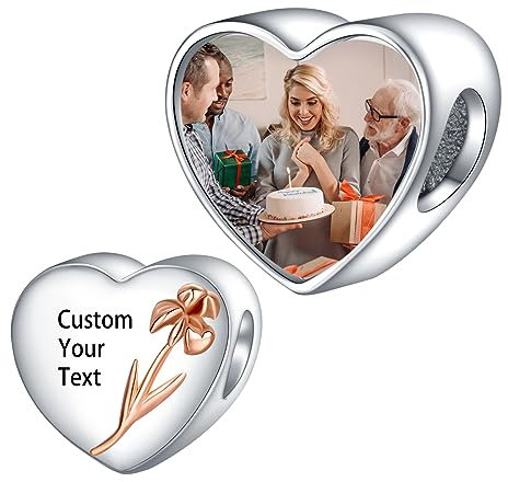 LaMenars Personalized Photo Charms Birth Flower February Violet Beads Sterling Silver Customize Picture Love Heart for Women Bracelets and Necklaces Gifts for Girls