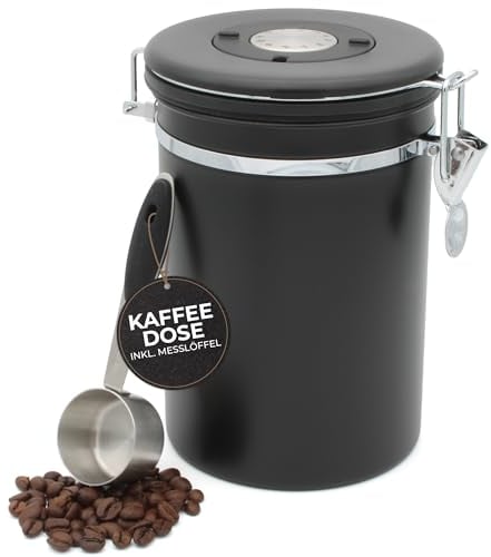 Wegardt Kaffeedose für 650g Bohnen I Behälter für Kaffeebohnen I Aromadose aus Edelstahl I Bohnenbehälter aromadicht I Kaffeebehälter inkl. Messlöffel, schwarz