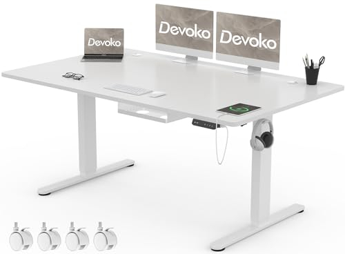 Devoko 160 x 80 cm Escritorio Elevable Eléctrico de Carga USB C, Escritorio Ajustable en Altura con Tablero, 3 Función de Memoria y Anticolisión, Regulable en Altura 72-118cm,Blanco