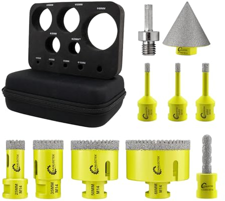 Foret Diamant Kit Trepan Carrelage 10pcs(6/6/8/25/35/50/68mm+10mmForets à Fraiser+50mm Mèches Chanfrein+Adaptateur) Dentelé pour Carrelage Céramique Porcelaine Marbre Granit M14 Filetage SANLEETEK