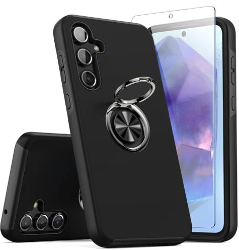 KRAFTCARE Hülle für Samsung Galaxy A55 5G mit 1 Pack Panzerglas Schutzfolie, Handyhülle mit Eingebetteter 360° Grad Ring, Magnetische Schutzhülle Stoßfest Cover Case für Samsung A55-Schwarz