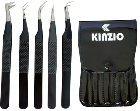 KINZIO Lot de 5 pinces à cils incurvées en acier inoxydable japonais pour extensions de cils - Volume de 45 à 90 degrés - Noir