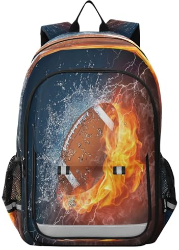 HMZXZ American Football Ball-Rucksack, Schultasche, leicht, Laptop-Rucksack, Studenten, Reisen, Tagesrucksack, Sport, Feuer mit reflektierenden Streifen, multi
