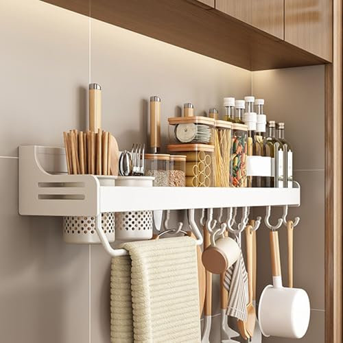 Giural Especieros Cocina Montado en la Pared, Organizador Cocina Colgante, Estanteria Cocina de Metal, Organizador Especias con Toallero, Portacuchillos, Ganchos y Porta Cubiertos,Blanca,70cm